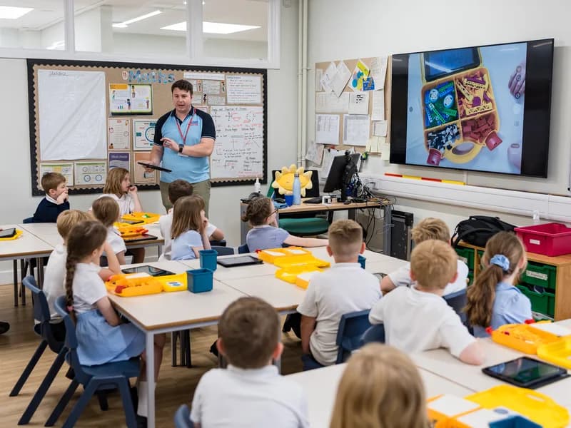A specialist instructor leading a STEM workshop in a classroom