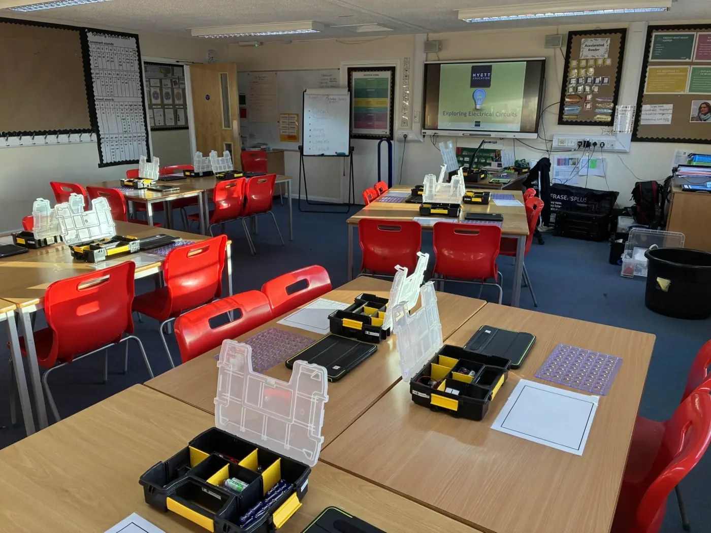 A primary classroom set up for Electricity & Circuits, with desks in groups of four, each carrying circuits kits and equipment, plus a board at the front